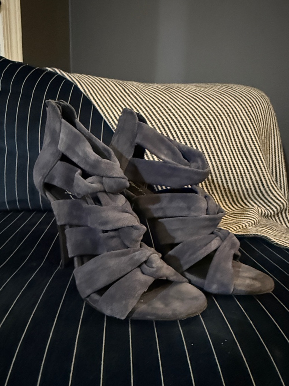 Elizabeth and James Knotted navy suede stiletto heel Sandals
